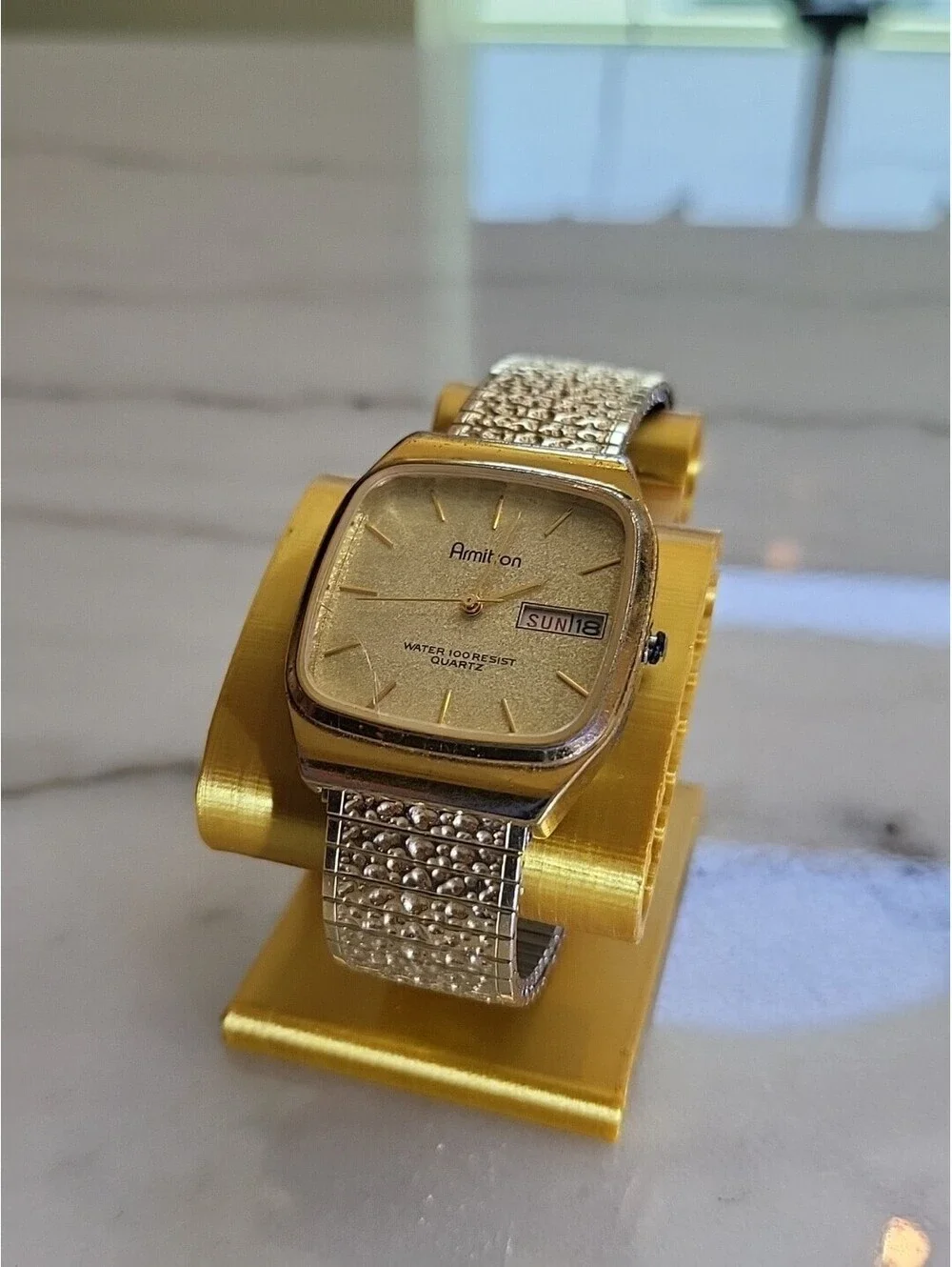 Armitron Men’s Watch Dust Gold Tone TankDate DayDial Nugget Band New Batt. 31mm